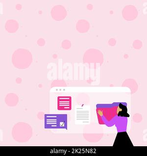 Frau Organisiert Browserverlauf, Bearbeiten Organisieren Von Online-Dateien, Verbreitung Von Cyber Business Presence, Sammlung Von Ideen, Internet-Chats Browsing Aktivitäten Stockfoto