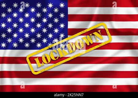 US-Flagge Illustration mit Coronavirus Zeichen anstelle von Stars Lockdown Text. Illustration der Covid-19-Pandemie in den USA. Stockfoto