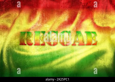 Abbildung des Reggae-Etiketts auf der Grunge Rastafarian-Flagge Stockfoto