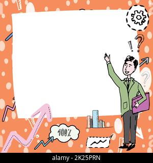 Gentleman Drawing Standing Zeigefinger In Blank Whiteboard. Mann Design Steht Punkte Hand Leer Brett Zeigt Neue Idee Und Bedeutung. Stockfoto