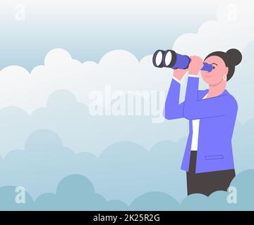 Frau Umgeben Von Wolken, Die Durch Ein Tragbares Teleskop Blickt Und Neue Möglichkeiten Sieht. Lady Outdoors Beobachtet Mit Ferngläsern Zukünftige Ziele. Stockfoto