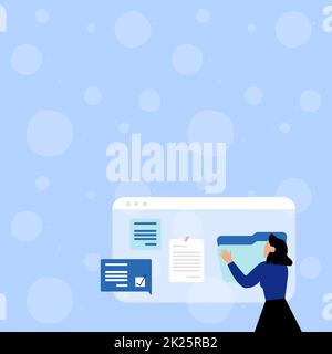 Frau Organisiert Browserverlauf, Bearbeiten Organisieren Von Online-Dateien, Verbreitung Von Cyber Business Presence, Sammlung Von Ideen, Internet-Chats Browsing Aktivitäten Stockfoto