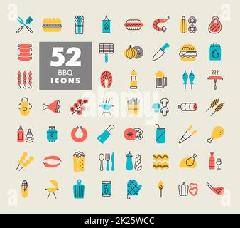 Symbolset für Barbecue- und bbq-Grill Stockfoto
