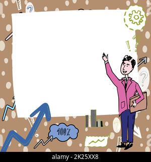 Gentleman Drawing Standing Zeigefinger In Blank Whiteboard. Mann Design Steht Punkte Hand Leer Brett Zeigt Neue Idee Und Bedeutung. Stockfoto