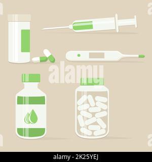 Spritze, Pillen, Sirup und Thermometer, Vektorgrafik Stockfoto