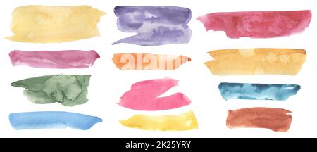 Aquarell handgezeichnete Farbe Hintergründe Clipart, Pinselstriche Illustration, Pastell violett, blaue Flecken, grüne Spritzer Clip Art, Gelbe Tropfen, Design Stockfoto