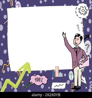 Gentleman Drawing Standing Zeigefinger In Blank Whiteboard. Mann Design Steht Punkte Hand Leer Brett Zeigt Neue Idee Und Bedeutung. Stockfoto