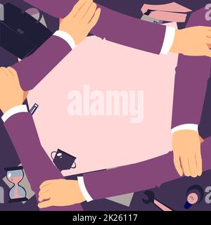 Vier Hände, Die Den Arm Zusammenhalten Und Das Verbindungssymbol Zeigen. Connected Arms Design Hält Handgelenke Und Zeigt Teamwork Cooperation Starke Bindung. Stockfoto