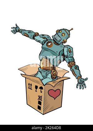 Roboter mechanische Spielzeugbox valentine Überraschungsgruß, Liebe Romantik isolieren auf einem weißen Hintergrund Stockfoto