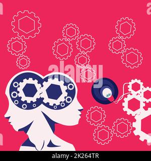 Zwei Köpfe Mit Zahnrädern, Die Technologische Ideen Zeigen. Zahnräder Im Gehirn Symbole Design Anzeige Mechanische Und Technische Idee. Stockfoto