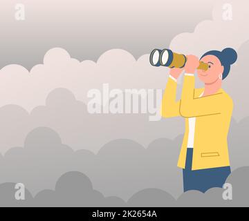 Frau Umgeben Von Wolken, Die Durch Ein Tragbares Teleskop Blickt Und Neue Möglichkeiten Sieht. Lady Outdoors Beobachtet Mit Ferngläsern Zukünftige Ziele. Stockfoto