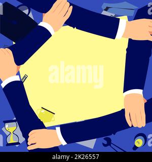 Vier Hände, Die Den Arm Zusammenhalten Und Das Verbindungssymbol Zeigen. Connected Arms Design Hält Handgelenke Und Zeigt Teamwork Cooperation Starke Bindung. Stockfoto