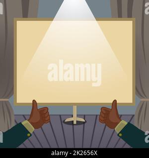 Hands Thumbs Up Neue Ideen Zeigen. Handflächen Tragen Notiz Präsentiert Neueste Pläne. Plakat Mit Armen Halten, Das Die Letzte Werbung Darstellt. Stockfoto