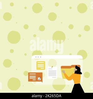 Frau Organisiert Browserverlauf, Bearbeiten Organisieren Von Online-Dateien, Verbreitung Von Cyber Business Presence, Sammlung Von Ideen, Internet-Chats Browsing Aktivitäten Stockfoto