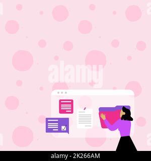 Frau Organisiert Browserverlauf, Bearbeiten Organisieren Von Online-Dateien, Verbreitung Von Cyber Business Presence, Sammlung Von Ideen, Internet-Chats Browsing Aktivitäten Stockfoto