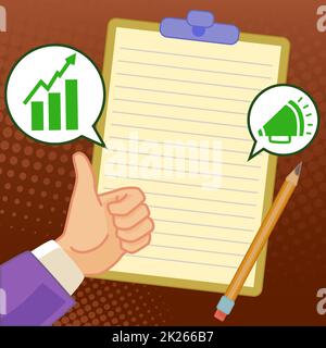 Hands Thumbs Up Neue Ideen Zeigen. Handflächen Tragen Notiz Präsentiert Neueste Pläne. Plakat Mit Armen Halten, Das Die Letzte Werbung Darstellt. Stockfoto