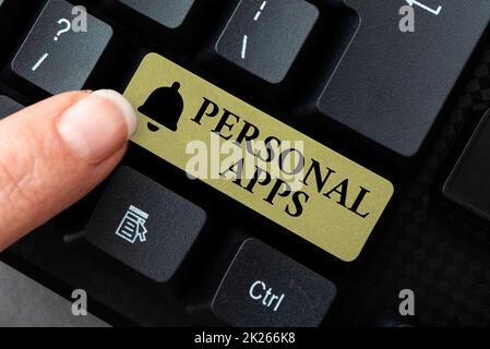 Text mit persönlichen Apps zur Inspiration. Konzept Bedeutung Organisator Online-Kalender Private Daten Durchsuchen Online-Transaktionshistorie, organisiertes Dateisystem erstellen Stockfoto