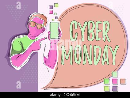 Konzeptionelle Darstellung Cyber Monday. Business Showcase ein Tag, an dem E-Commerce-Websites Einkäufern ein Sonderangebot für Guy Holding Phone bieten, das neue Ideen mit Speech Bubble präsentiert. Stockfoto