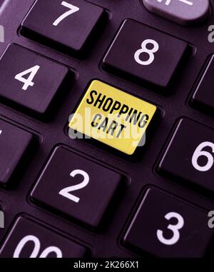 Textbeschriftung mit Warenkorb. Geschäftsüberblick Case Trolley Carry Groceries and Merchandise Schreibvorgang Endbenutzer-Lizenzvertrag, Eingabe des neuen Netzwerkpassworts Stockfoto