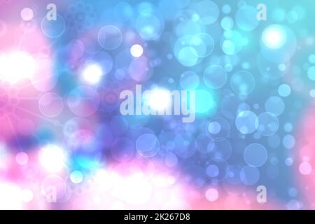 Abstrakt verschwommen frisch lebendig Frühling Sommer Licht zarte Pastell Gradienten blau türkis rosa Bokeh Hintergrundstruktur mit hellen kreisförmigen weichen Farben Lichter. Wunderschöne Hintergrunddarstellung. Stockfoto