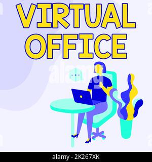 Schild mit Virtual Office. Konzeptionelle Fotodomäne eines Unternehmens oder einer Organisation Virtuelle Frau sitzt Büroschreibtisch und verwendet Laptop mit Sprechblase neben Werk. Stockfoto