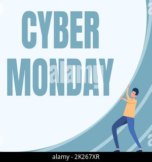 Schreiben mit Text Cyber Monday. Geschäftsidee Marketing Term für Montag nach Thanksgiving Feiertag in den USA Gentleman Drawing Stehing Push Big Circular Object. Stockfoto