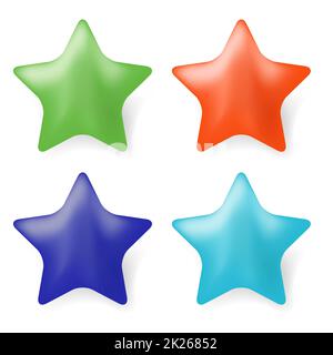 Geben Green Rred Blue Stars Bewertung für Web. Verlaufsstern mit Schatten auf weißem Hintergrund. Kundenfeedback-Konzept Stockfoto