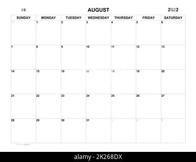 Planer für august 2022. Zeitplan für Monat. Monatskalender. Organisator Stockfoto
