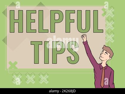 Inspiration mit Schild hilfreiche Tipps. Konzeptfoto Nützliche geheime Informationen Ratschläge, um etwas zu vollenden Happy man Illustration Standing Infront Board Handzeichen für Sucess heben. Stockfoto