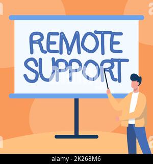 Textzeichen für Remote-Support. Geschäftskonzepte für einen sicheren Service, der es Vertretern ermöglicht, dem Lehrer in der Jacke beim Zeichnen eines Stehstabs am Whiteboard zu helfen. Stockfoto