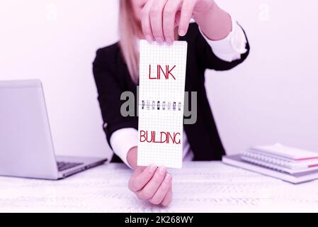 Erstellung von Verknüpfungen für konzeptionelle Titel. Word geschrieben auf SEO Term Exchange Links erwerben Hyperlinks indexierter Assistent mit Anweisungen und Schulungstipps, Besprechung des neuen Jobs Stockfoto
