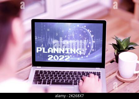 Textüberschrift zur Präsentation von Planning 2022. Geschäftsidee beginnt mit Ende im Kopf langfristige Ziele positionieren Frau, die neben Kaffeetasse und Pflanze, die von zu Hause aus arbeitet, auf dem Laptop tippt. Stockfoto