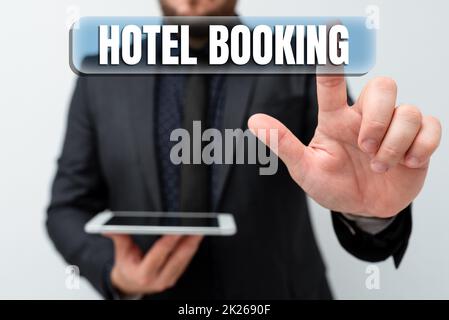 Hinweisschild mit Hotelbuchung. Geschäftsübersicht Online-Reservierungen Presidential Suite De Luxe Hospitality präsentiert neue Technologieideen über technologische Verbesserungen Stockfoto