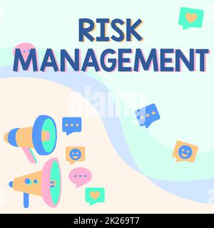 Konzeptionelle Überschrift Risikomanagement. Wörterbuch zur Bewertung und Kontrolle zukünftiger Bedrohungen für das Unternehmen Paar von Megaphone Drawing Ankündigung in der Chat Cloud. Stockfoto