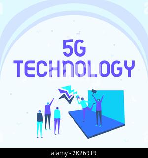 Textzeichen mit 5G-Technologie. Internetkonzept mobiles Hochgeschwindigkeits-Internet, drahtlose Systemnetzwerke der neuen Generation Illustration eines Paares auf der Bühne, das der kleinen Menge eine Ankündigung macht. Stockfoto