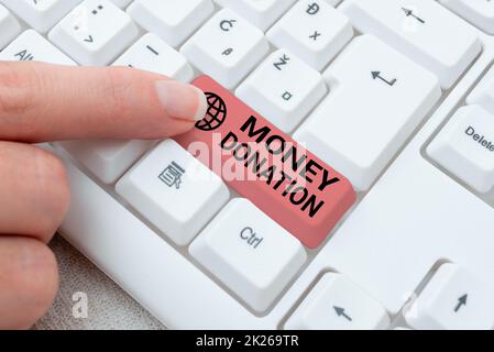 Textunterschrift für Geldspenden. Geschäftsansatz eine Wohltätigkeitsorganisation, die einem Verband Bargeld angeboten hat, indem sie „Download History Files“ erneut eingibt und Online-Registrierungsformulare eingibt Stockfoto