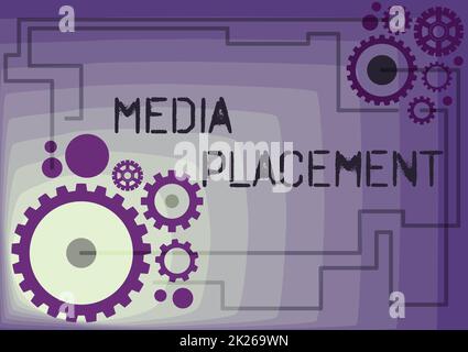 Schild, das die Medienplatzierung anzeigt. Geschäftskonzept Einfügen einer digitalen Werbebotschaft zur Förderung eines Unternehmens Illustration von mechanischen Zahnrädern, die miteinander verbunden sind Erledigung von Arbeiten Stockfoto