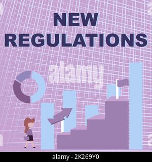 Text mit Inspiration Neue Vorschriften. Konzept, das die neuesten, von der Regierung oder Behörde durchgesetzten Gesetze bedeutet Geschäftsfrau geht auf dem Weg zu einem großen Diagramm, das die Leistung zeigt Stockfoto