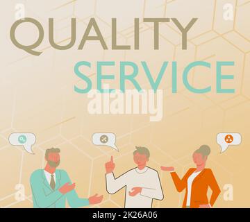 Textzeichen für Quality Service. Das Wort, um die Erwartungen des Kunden zu erfüllen, ist die Erwartung nach dem Umgang mit dem Kunden. Partner chatten, um neue wunderbare Ideen zur Verbesserung der Fähigkeiten zu entwickeln. Stockfoto
