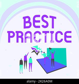 Text mit Best Practice für Inspiration. Word für selektive Fokussierung bewährte Erfolgsideen und effektive Illustration eines Paares auf der Bühne, das eine Ankündigung für die kleine Menge macht. Stockfoto