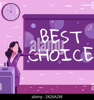 Textzeichen mit „Beste Auswahl“. Wort, das als die beste Option definiert wurde eine Person sollte sich für Lady Drawing Standing Holding Projektor Fernsteuerung zur Präsentation von Tortendiagrammen entscheiden Stockfoto