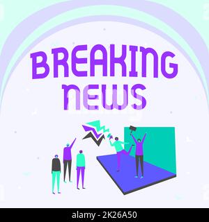 Handschrift, Schild "Breaking News". Konzept bedeutet, dass neue Informationen über ein Ereignis eingegangen sind Illustration eines Paares auf der Bühne, das der kleinen Menge eine Ankündigung macht. Stockfoto