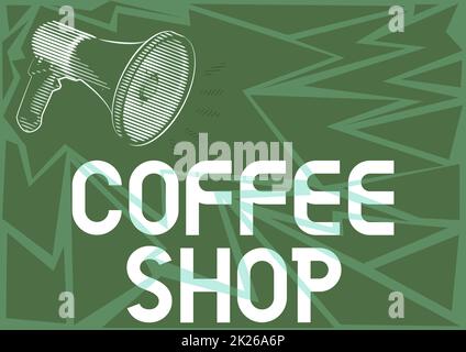 Konzeptaufstellung Coffee Shop. Business Showcase ein Restaurant, das hauptsächlich Kaffee und leichte Mahlzeiten serviert Illustration eines lauten Megafons Lautsprecher, der neue Ankündigungen macht. Stockfoto