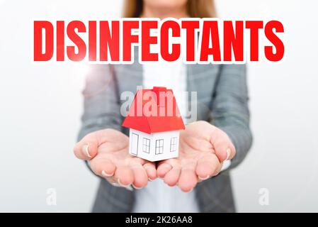 Konzeptionelle Displaydesinfektionsmittel. Konzept bedeutet Chemikalien, die die vegetative Form des schädlichen Mikroorganismus zerstören Eine junge Dame Orbusinesswoman Holding oder Presecting Home in Business Outfit Stockfoto