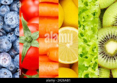 Sammlung von Obst und Gemüse Obstcollage Hintergrund mit Beeren Stockfoto