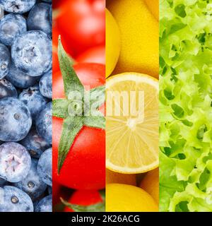 Sammlung von Obst und Gemüse Obstcollage Hintergrund mit Beeren Quadrat Stockfoto