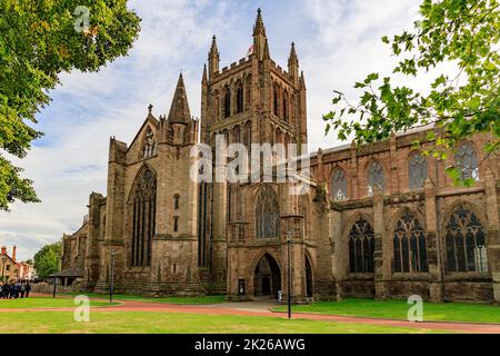 Die gotische Kathedrale von St. Mary the Virgin und St. Ethelbert the King in Hereford, Herefordshire, England, Großbritannien Stockfoto