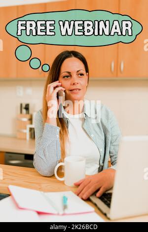 Handschriftliches Schild kostenloses Webinar. Seminar zum Seminar für Geschäftsideen, das über das Web übertragen wird Suche Küche Reinigungstipps Online, Browsing New Food Recipe Stockfoto