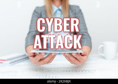 Textzeichen mit Cyber Attack. Ein Wort für den Versuch von Hackern, einen Computersystem-Tech-Guru zu zerstören, der ein neu entwickeltes Gerät verkauft, ein Lehrer, der das Telefon beschlagnahmt Stockfoto