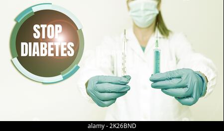 Textüberschrift mit „Stop Diabetes“. Der Blutzuckerspiegel ist höher als normal Inject Insulin Testing Neuer Impfstoff für das Virus Present Vaccination Clinical Trials Stockfoto